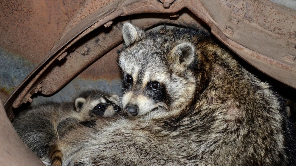 raccoon and baby in a rusty hollow